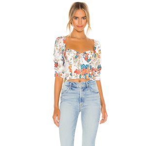 For Love And Lemons White and Orange Puff Sleeve Crop Blouse